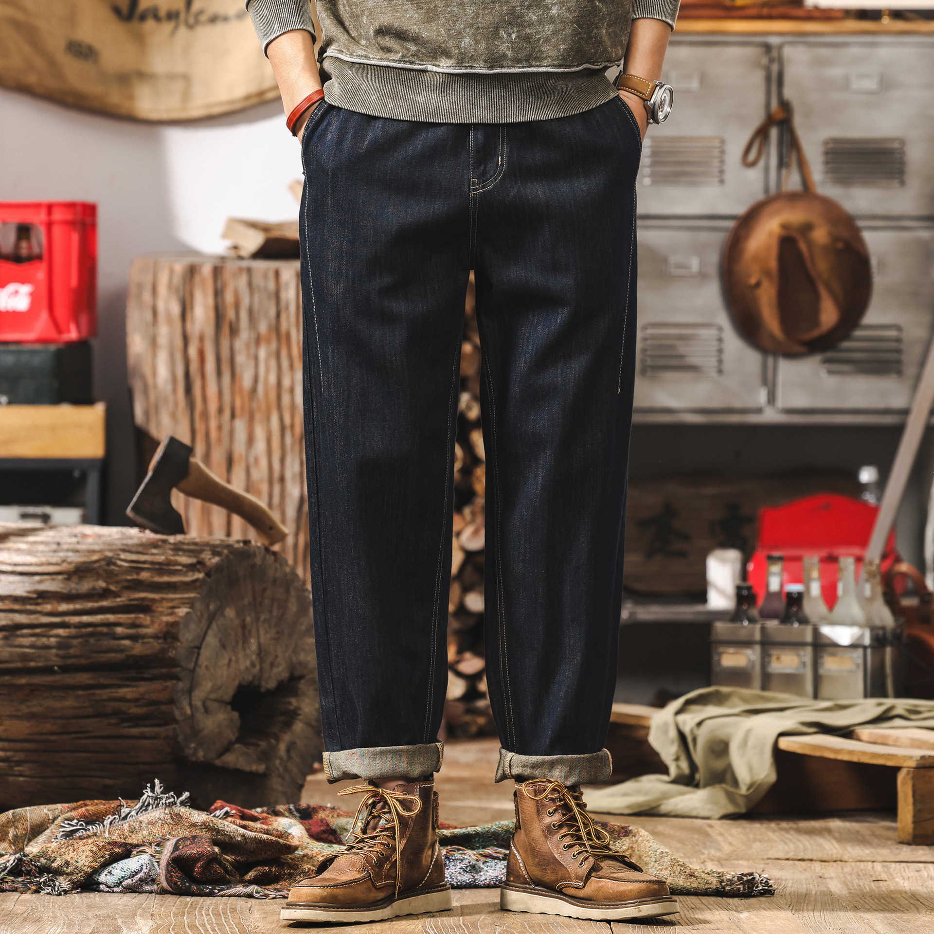 亞麻垂順高級感薄款牛仔褲男春季美式復古丹寧水洗原色男士休閒褲