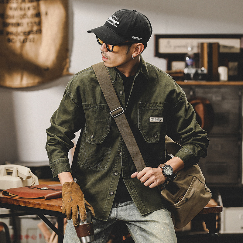 美式水洗重磅工裝夾克外套男2024新款寬鬆潮牌春季襯衫男長袖襯衫