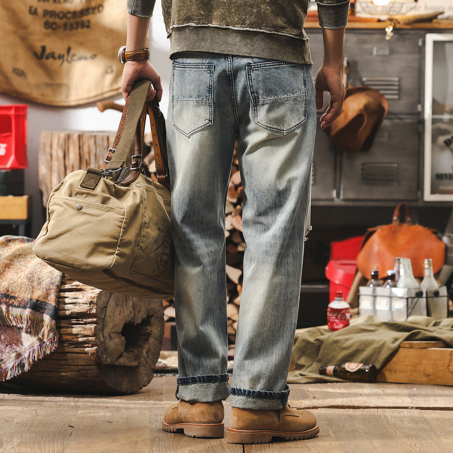 美式復古淺藍色牛仔褲男款春夏寬鬆直筒潮牌男士褲子破洞休閒長褲