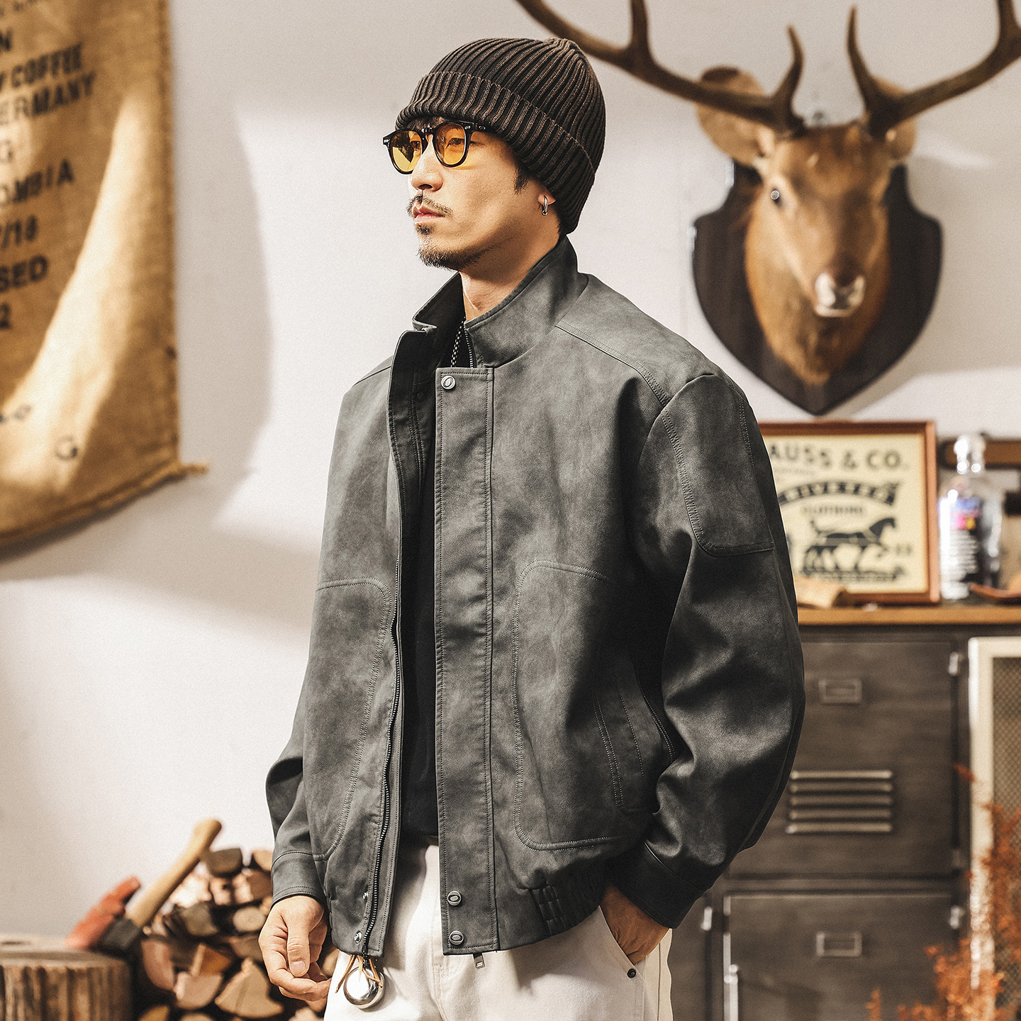 美式復古髒染啞光PU皮衣外套男春秋新款痞帥潮流機車立領皮夾克男