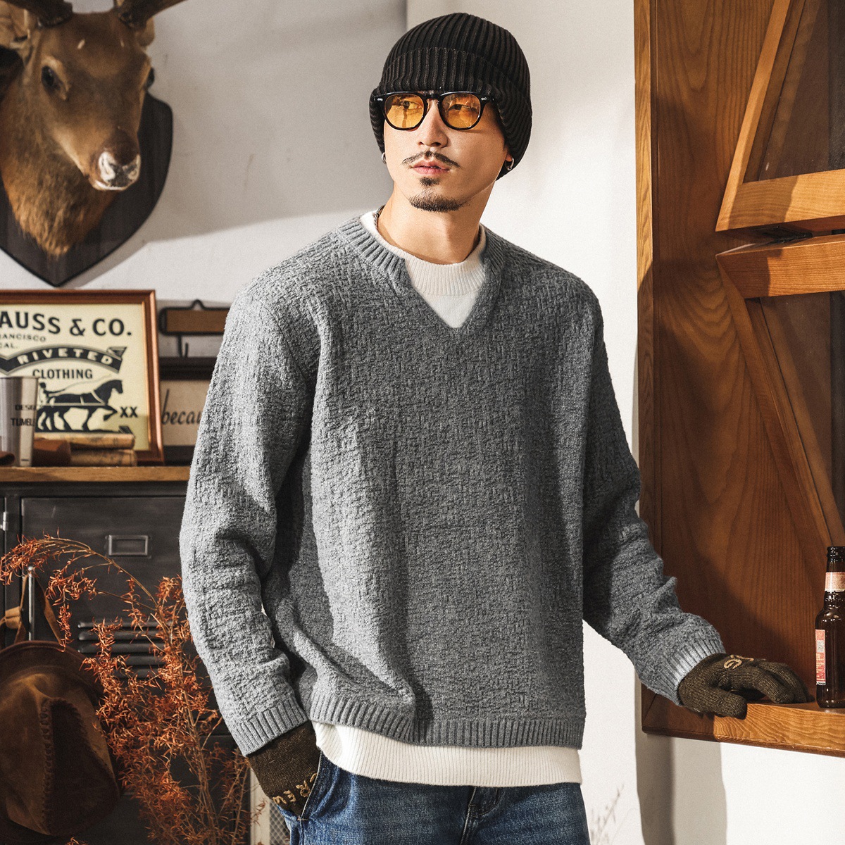 美式復古假兩件毛衣男款冬季加厚2025新款保暖寬鬆慵懶風針織衫男