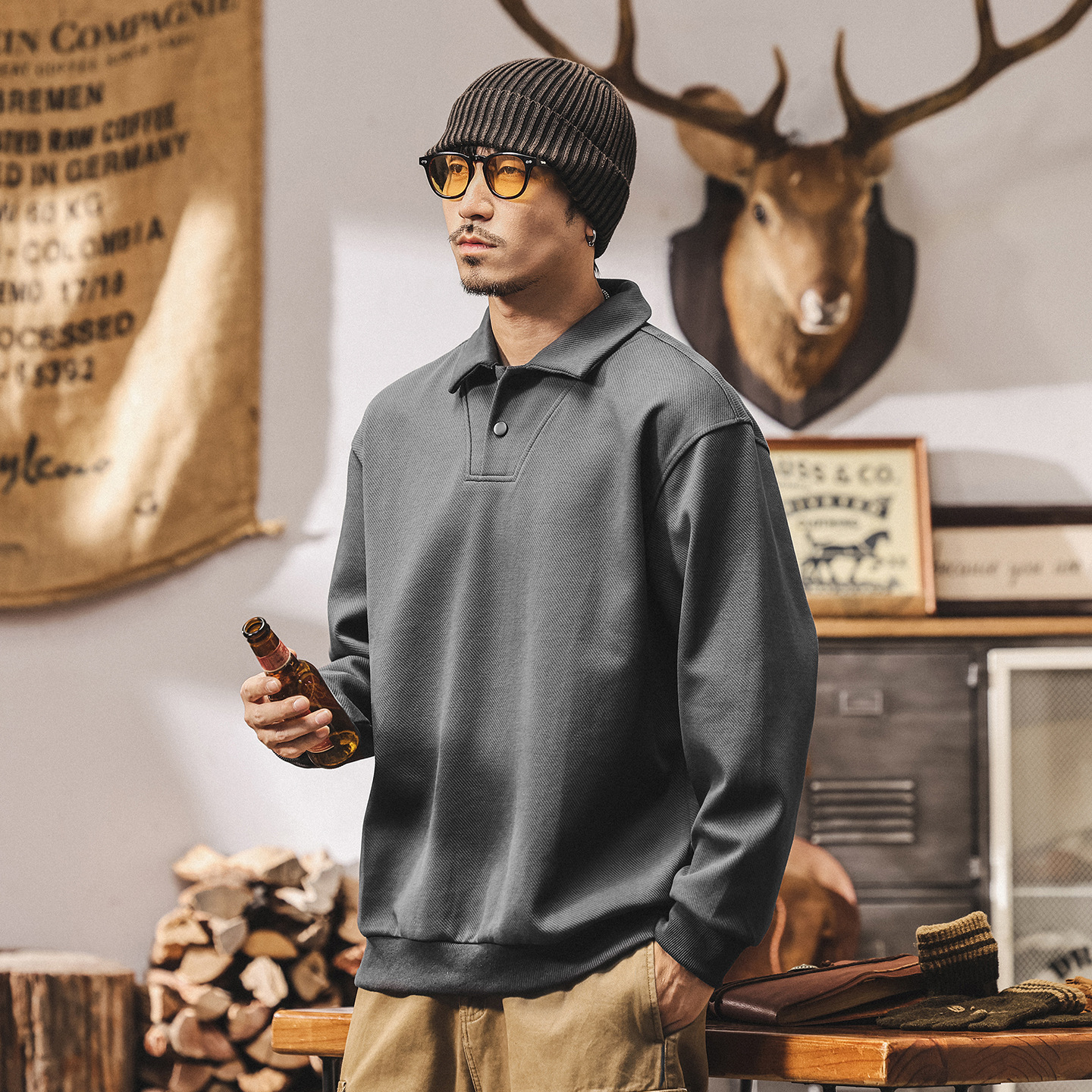 美式復古380g重磅Polo領衛衣男春秋2025新款寬鬆休閒翻領男士上衣