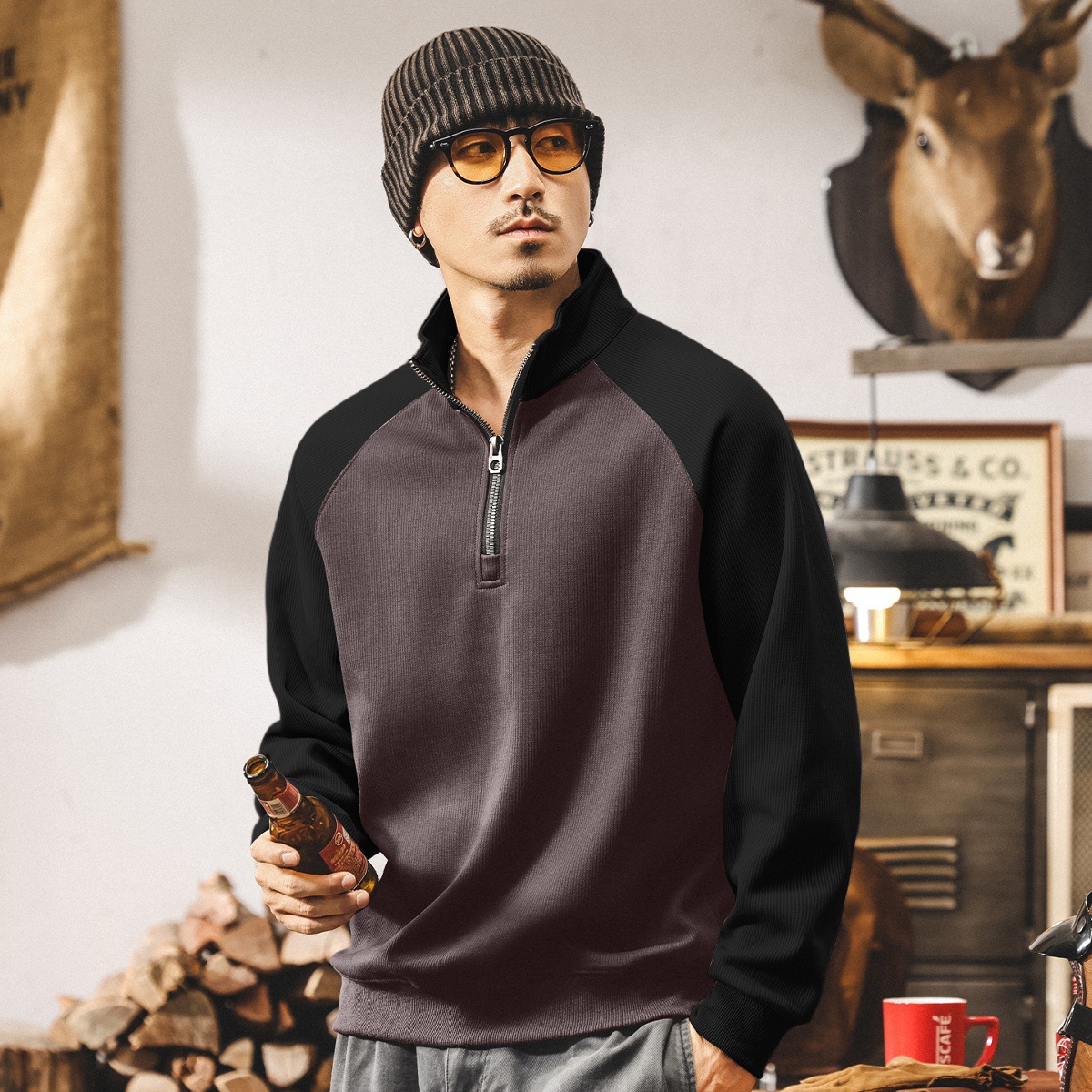 美式復古重磅拉鍊半高領衛衣男2025新款春秋潮牌撞色寬鬆休閒上衣