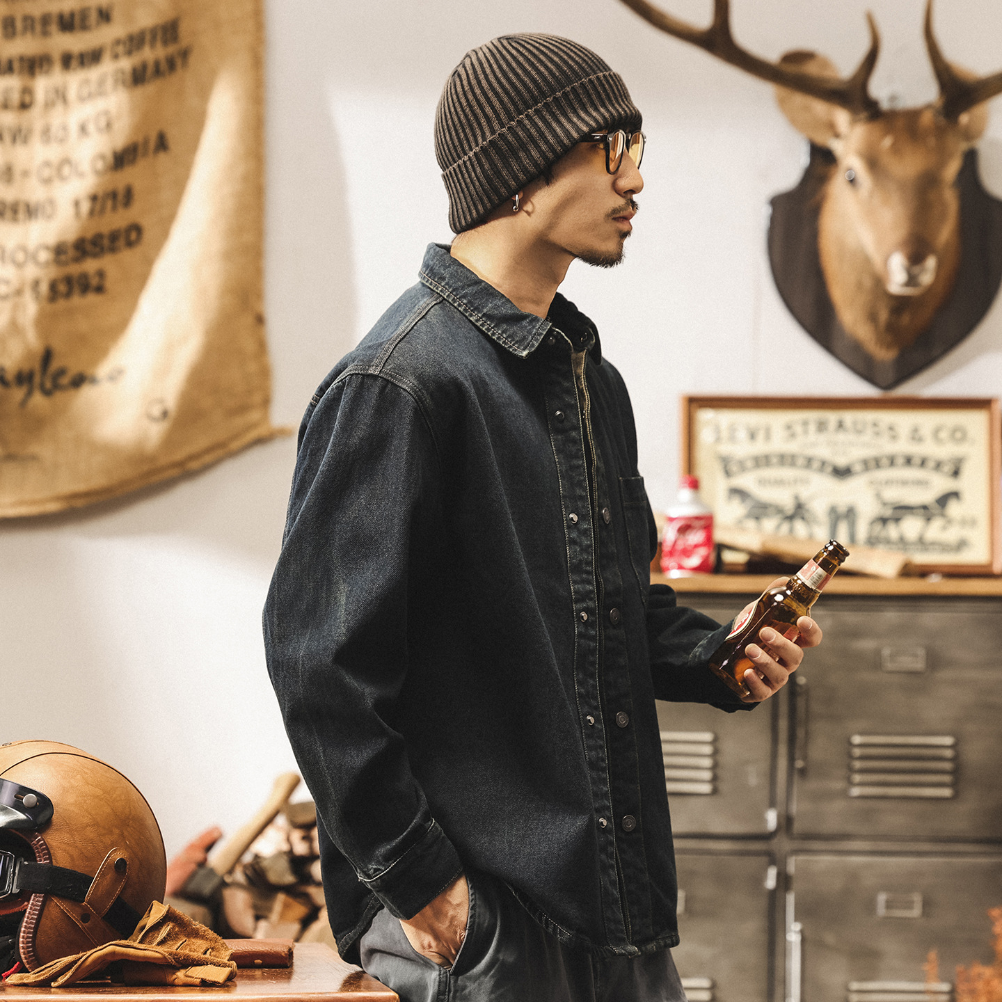 美式復古做舊酵素水洗牛仔外套男春秋寬鬆工裝襯衫男長袖休閒襯衣