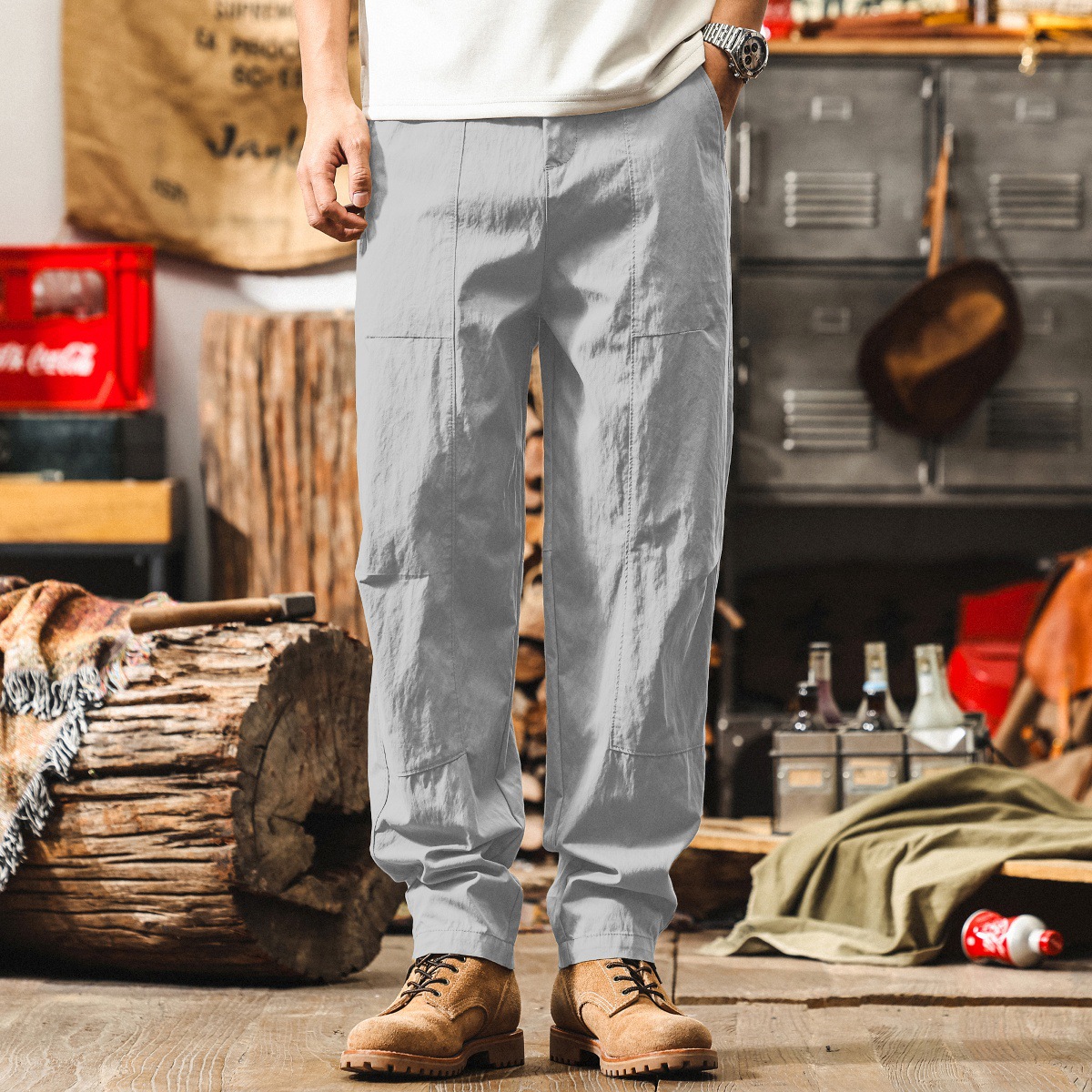 美式復古卡其色薄款工裝褲子男夏季寬鬆闊腿褲潮牌直筒男士休閒褲