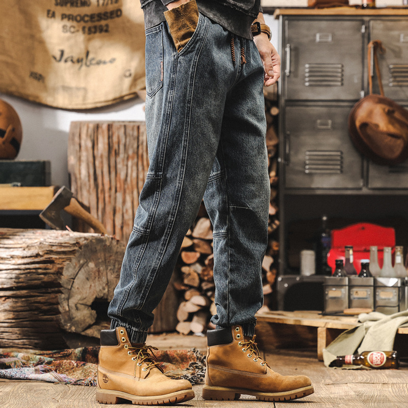 美式復古牛仔褲男秋季休閒束腳2024新款潮流石磨水洗男士秋冬褲子
