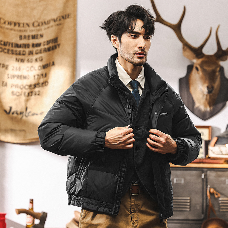 美式復古黑色短款羽絨服男冬季2024新款潮牌寬鬆加厚外套男秋冬款