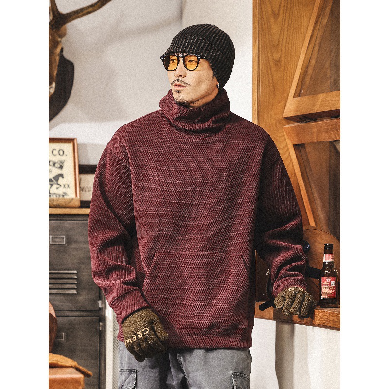 美式復古550g重磅高領衛衣男秋冬新款寬鬆保暖棗紅色男士秋季上衣