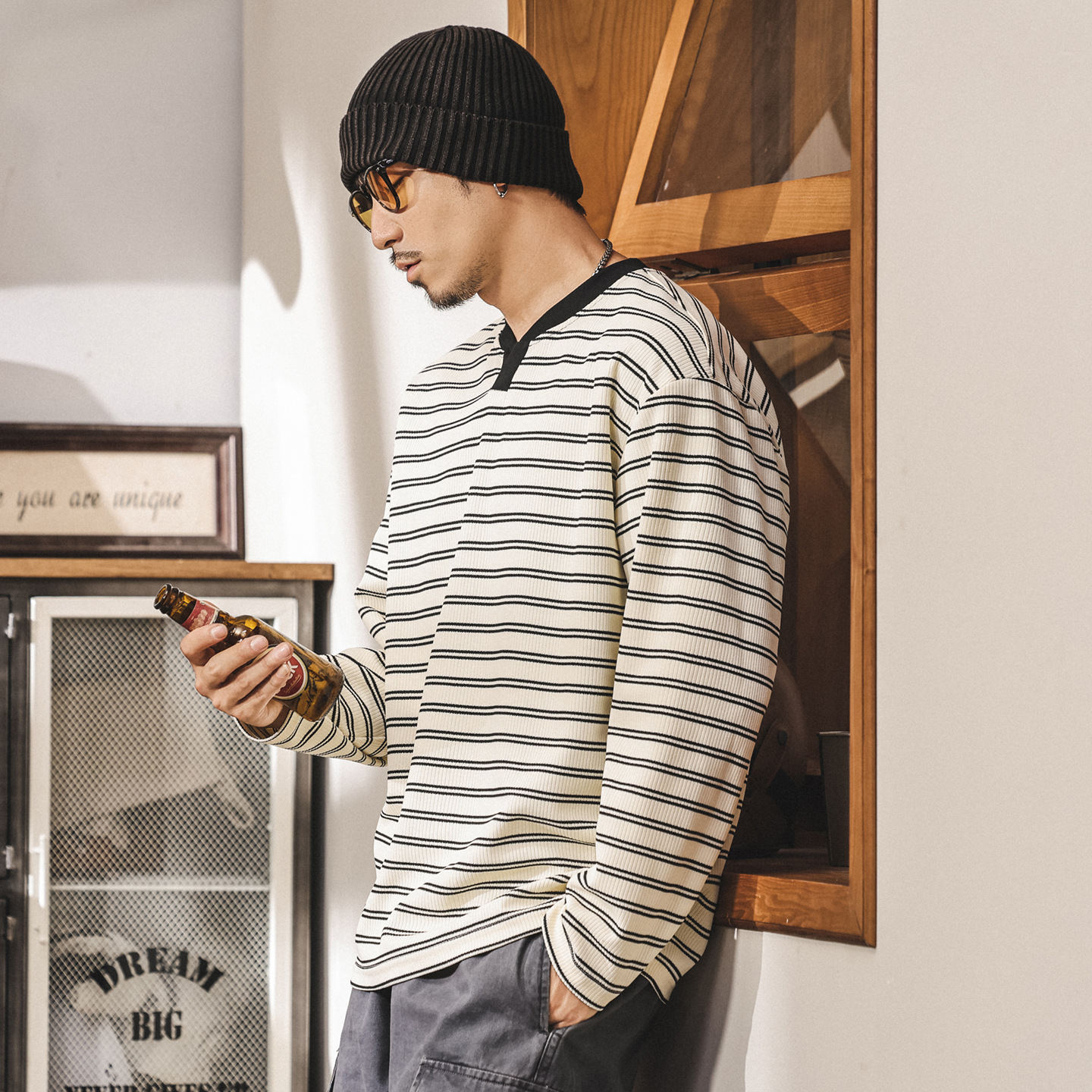 美式復古海魂條紋長袖t恤男2025新款秋季潮牌設計感寬鬆v領上衣男