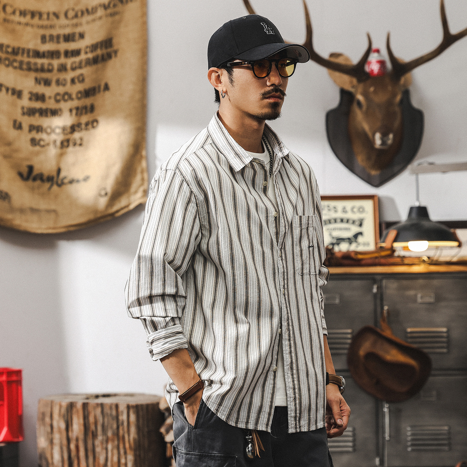 美式復古條紋襯衫男長袖春秋新款鬆弛感寬鬆休閒襯衣男士秋季外套