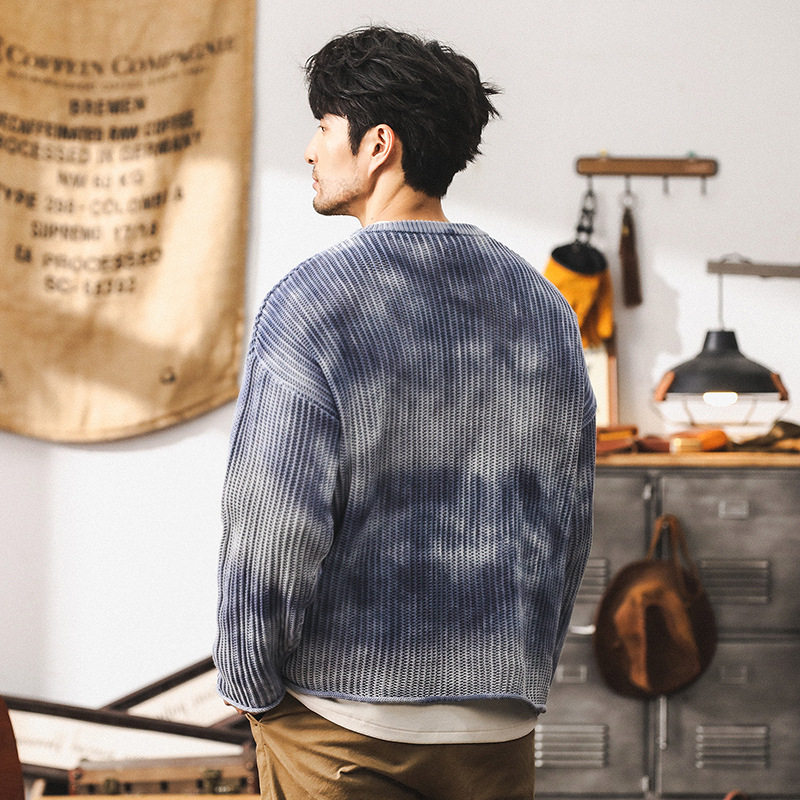 杰雷諾美式重磅復古毛衣男冬季加厚澆染漸變秋冬款男士粗線針織衫