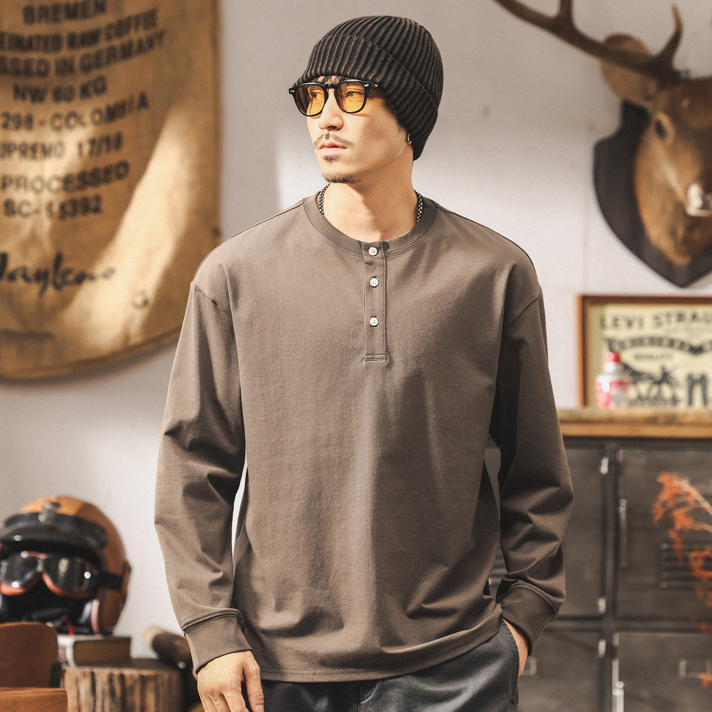 美式復古亨利領t恤男長袖秋季2025新款潮流上衣男寬鬆休閒polo衫