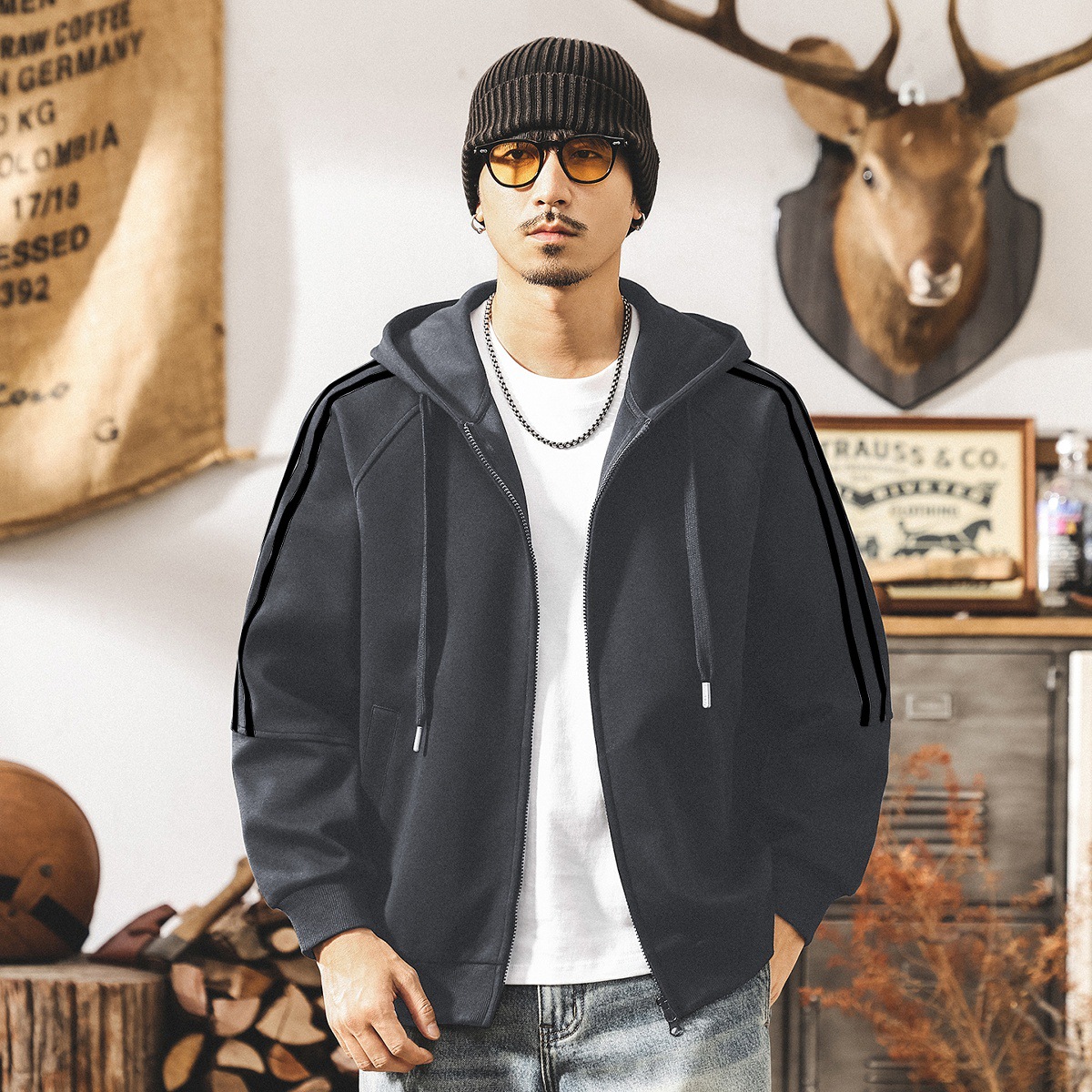 美式復古開衫連帽外套男春秋潮牌運動男生寬鬆休閒重磅衛衣男秋季