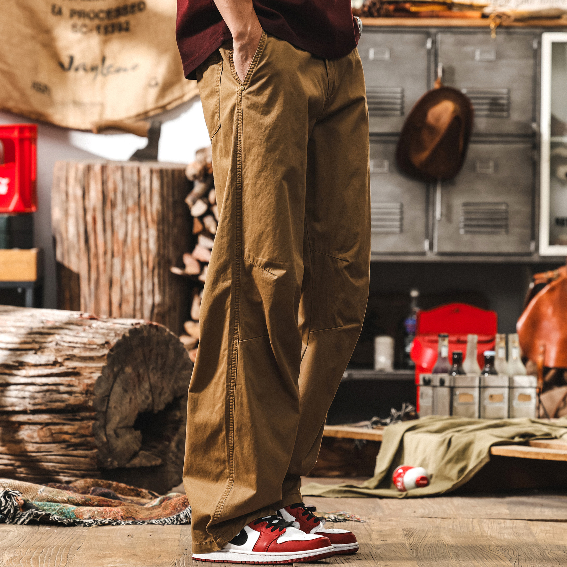 美拉德復古咖啡色工裝褲子男款夏季潮牌寬鬆直筒美式休閒長褲