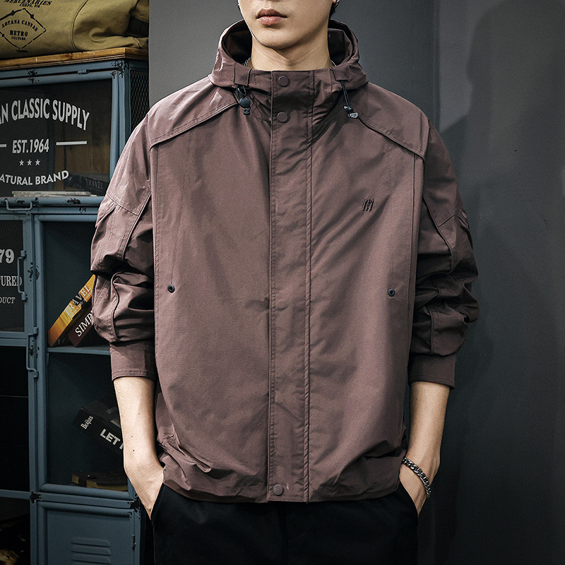 2025秋季新款橫條隱格連帽工裝夾克男寬鬆休閒復古戶外三防外套潮