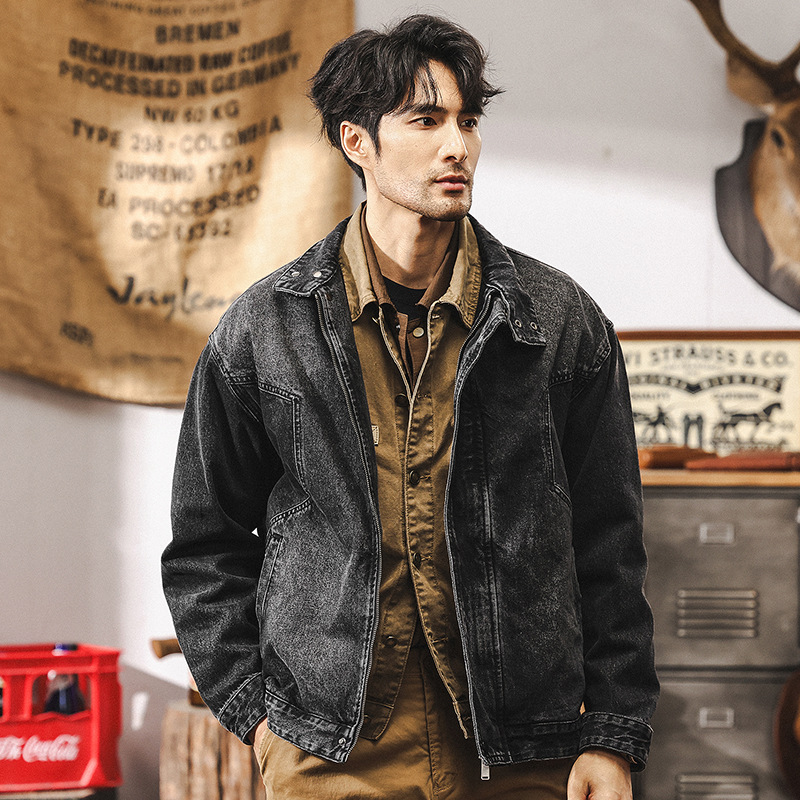 美式經典重磅黑色牛仔外套男秋冬款潮牌阿美咔嘰男款寬鬆休閒夾克