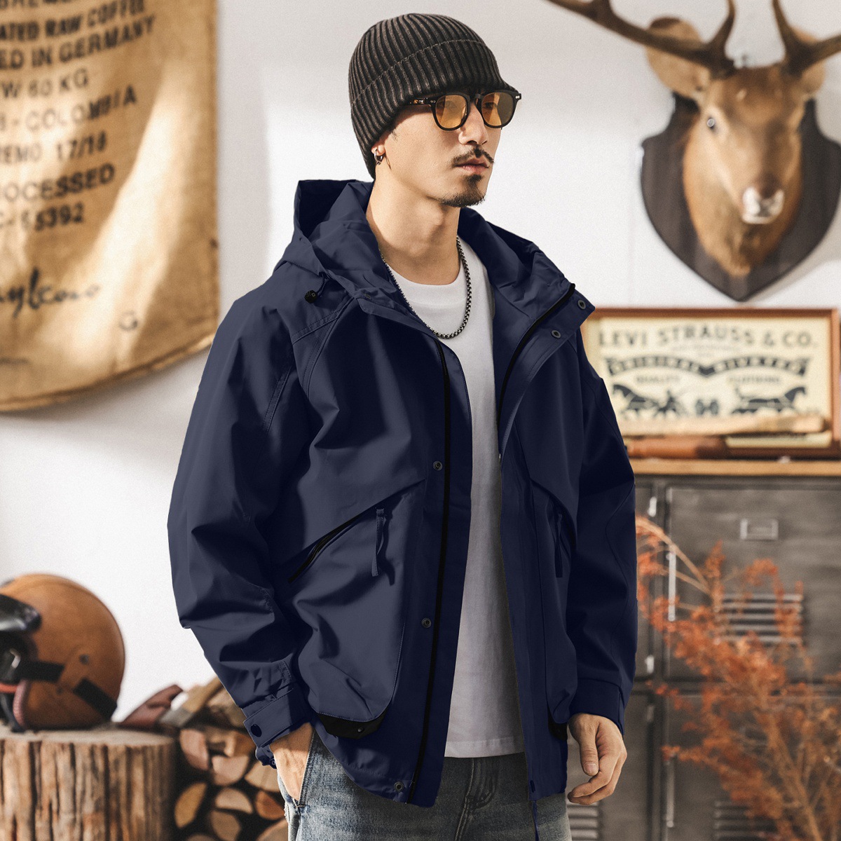 美式復古戶外三防工裝連帽外套男春秋新款山系機能通勤寬鬆夾克男