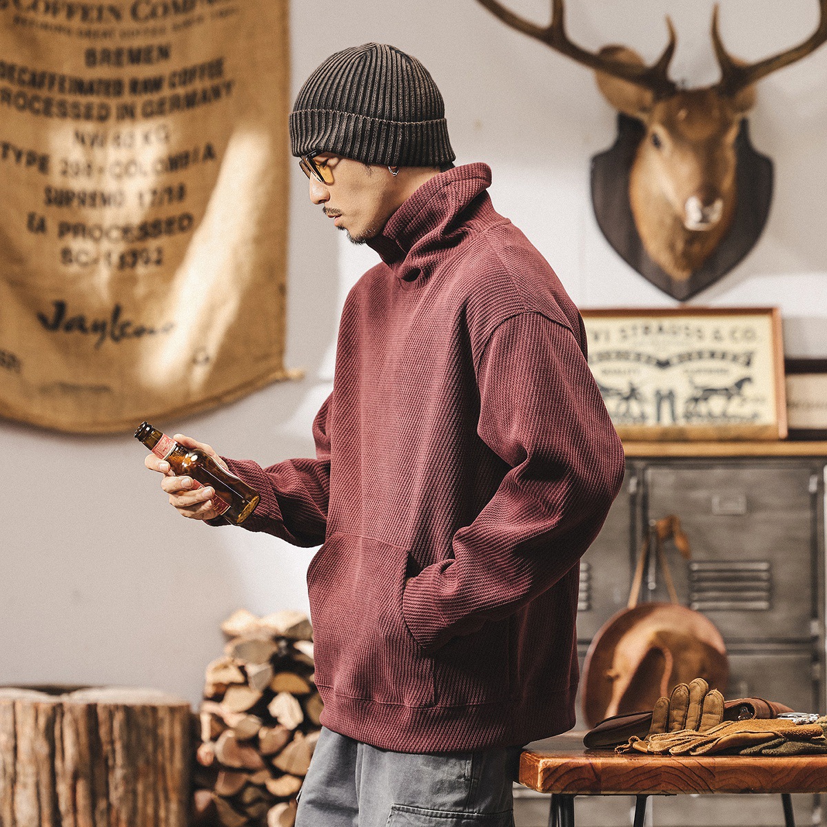 美式復古550g重磅高領衛衣男秋冬新款寬鬆保暖棗紅色男士秋季上衣