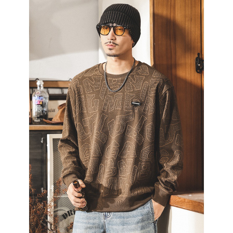 美式復古字母提花380g重磅衛衣男秋冬款潮流廓形圓領寬鬆大碼上衣