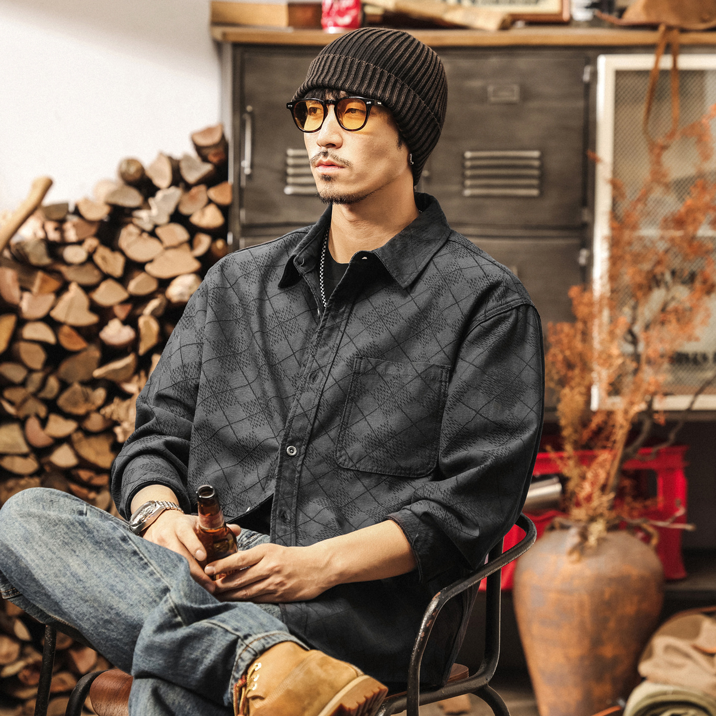 高級感竹纖維萊賽爾格紋襯衫男長袖秋季新款美式復古寬鬆襯衣外套