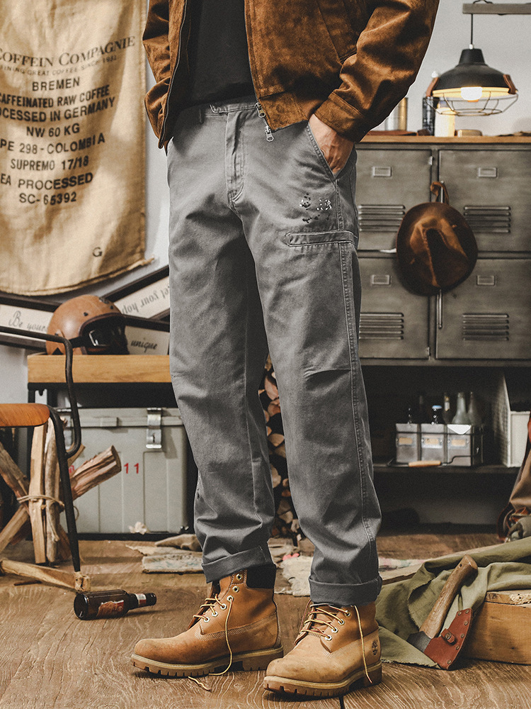 美式休閑長褲子男秋季潮牌2024新款洗褪潑墨寬松直筒工裝褲男
