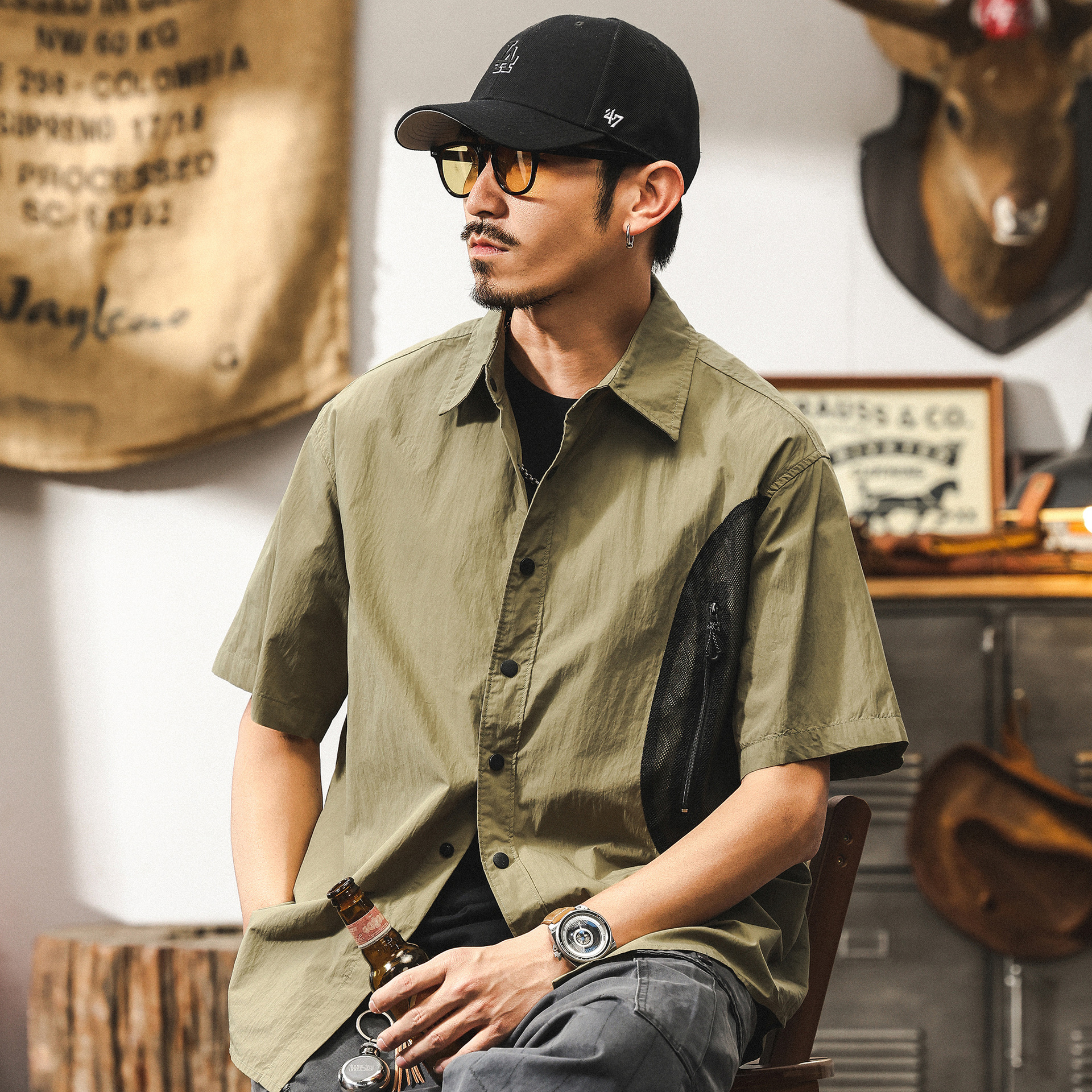 美式復古工裝襯衫男短袖夏季2025新款戶外釣魚機能寬鬆薄款襯衣男