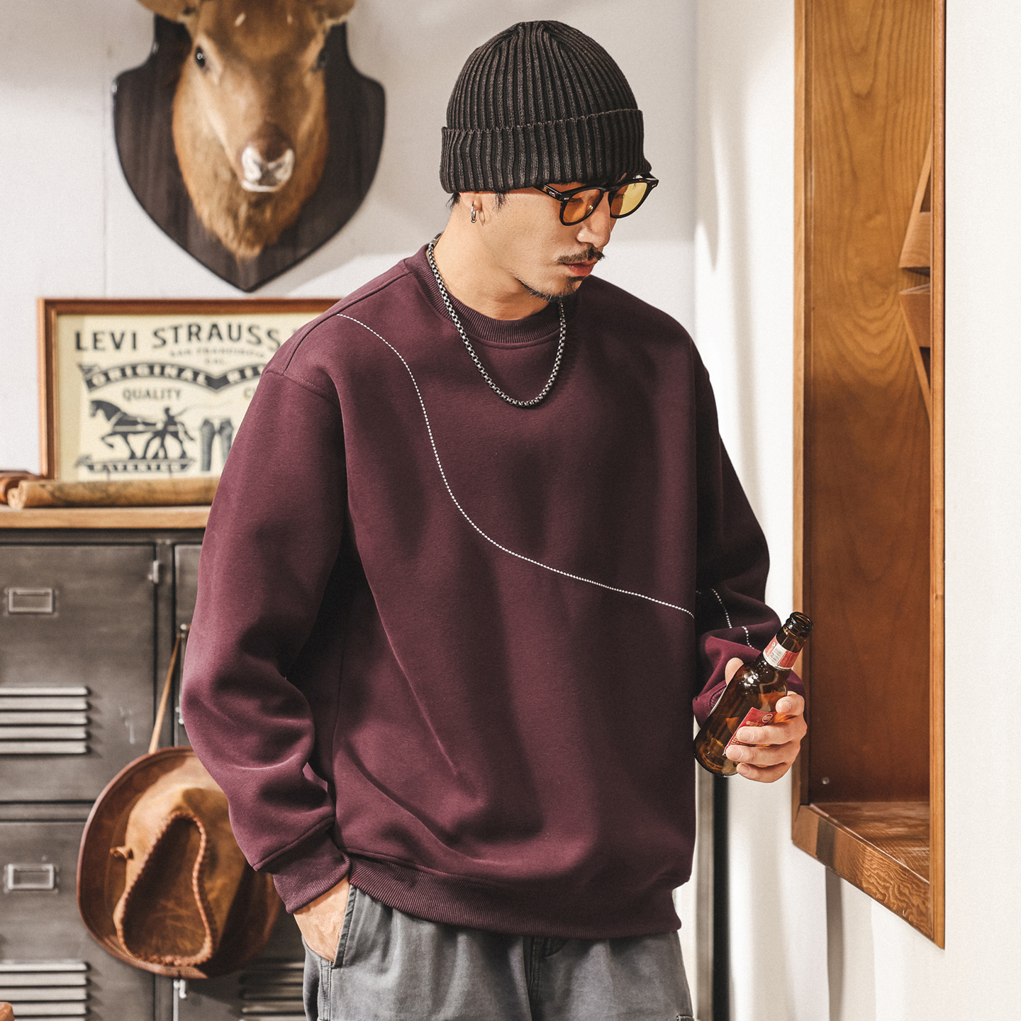 美式復古圓領套頭衛衣男款重磅春秋新款明線設計寬鬆男士秋季上衣