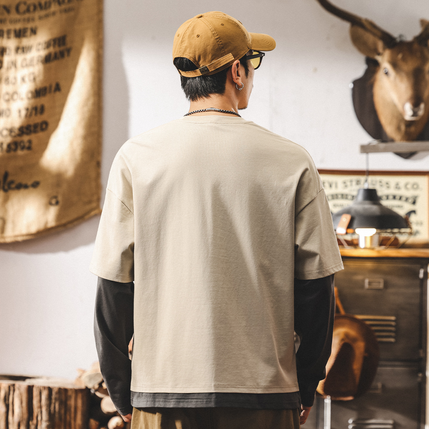 美式復古假兩件長袖t恤男春秋2025新款寬鬆大碼潮牌拼接秋季上衣T