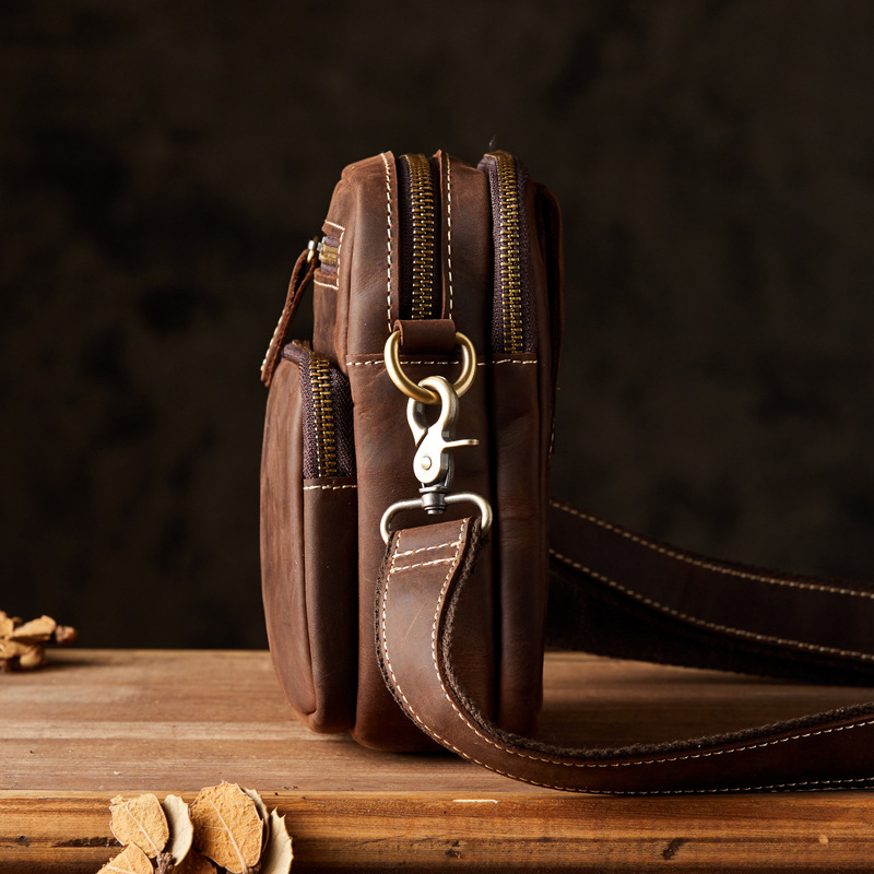 手工真皮男包瘋馬皮復古單肩斜挎小包休閒百搭穿皮帶腰掛手機包潮