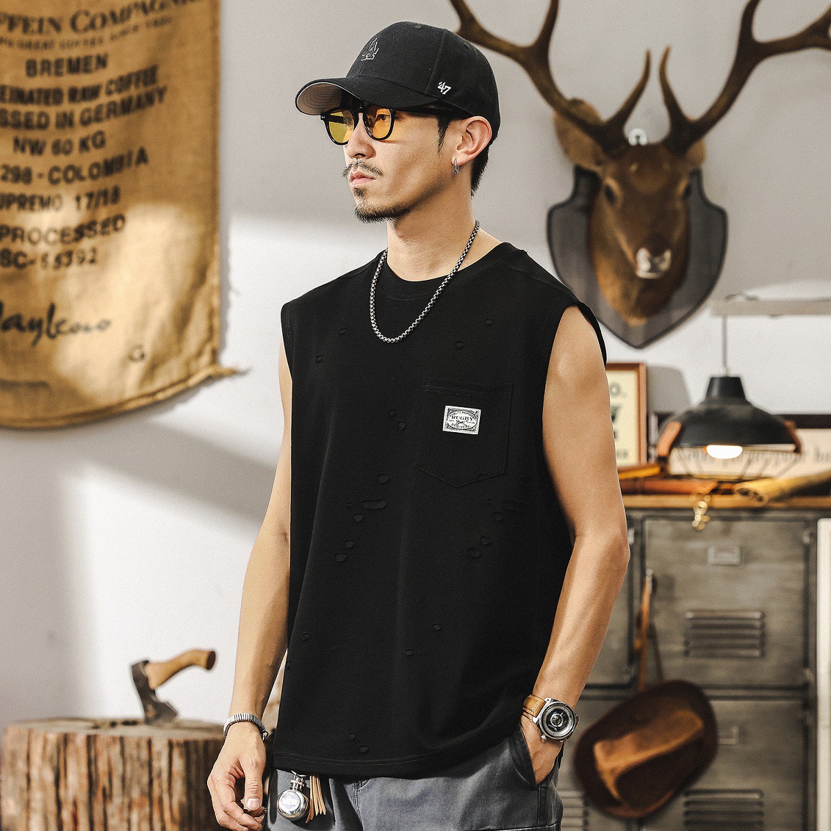 美式復古破洞肌理感健身背心男款夏季運動坎肩馬甲潮牌寬鬆T恤男