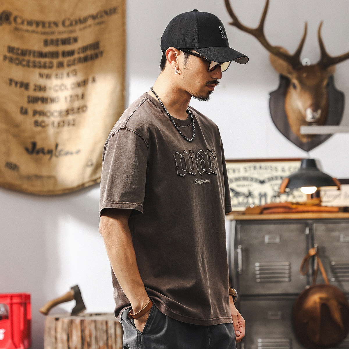 美式復古酒紅色刺繡重磅T恤男短袖夏季潮流2025新款寬鬆休閒上衣T