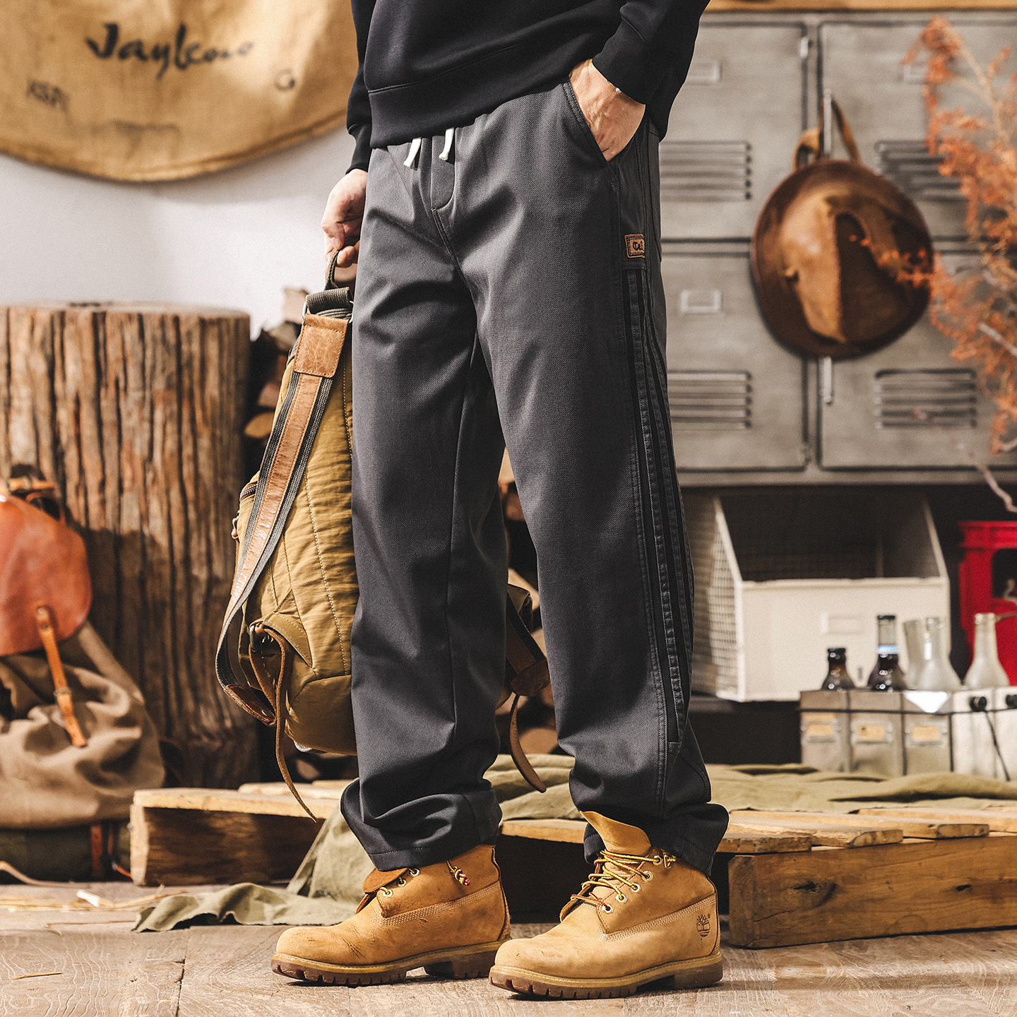 美式復古三條杠條紋加絨工裝褲子男直筒冬季加厚潮牌寬鬆休閒褲男