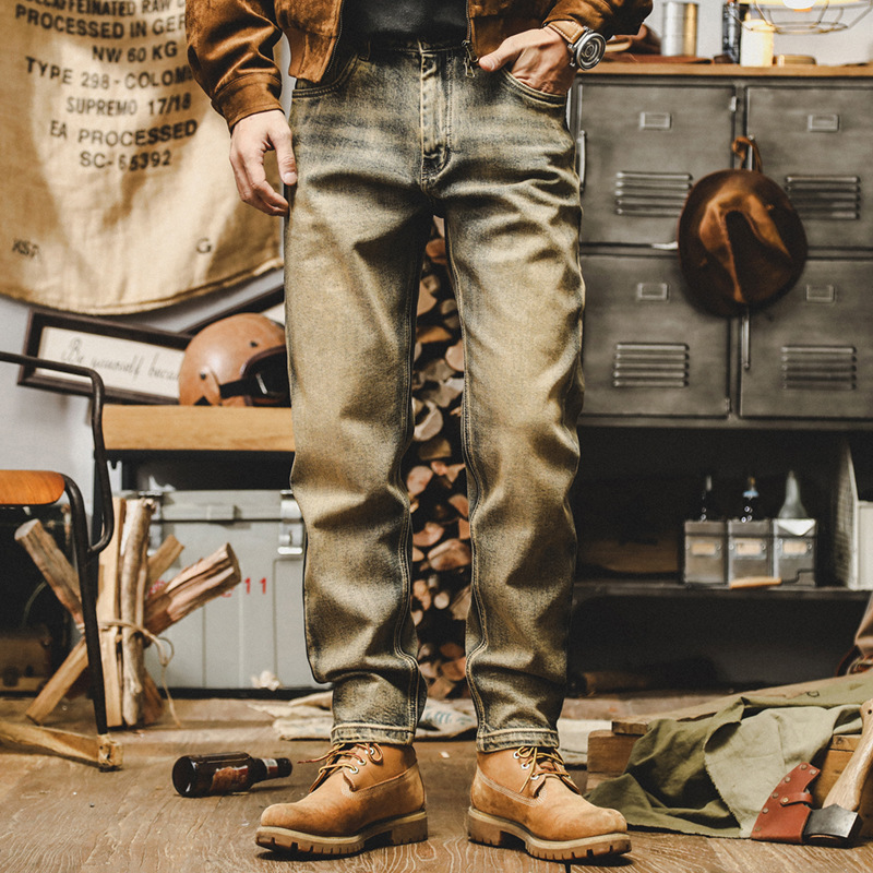 傑雷諾美式重磅黃泥做舊複古牛仔褲男寬松彈力休閑褲子男秋季長褲