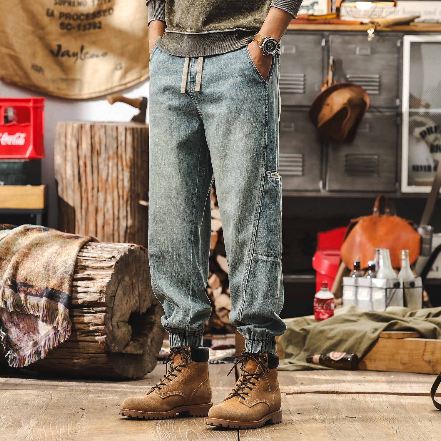 美式復古萊賽爾牛仔褲男2025年新款寬鬆束腳工裝褲男潮牌男士褲子