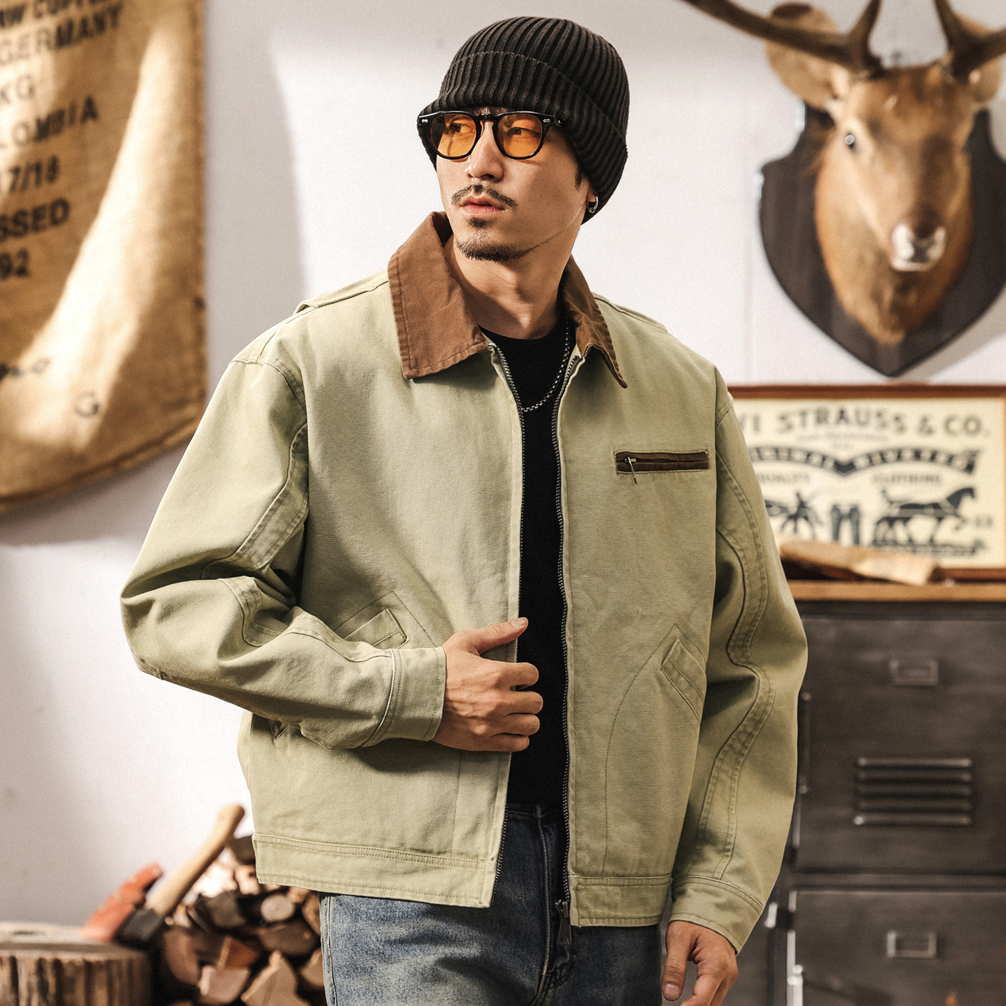 美式重磅復古雙股珠帆工裝外套男春秋潮牌寬鬆底特律獵裝男士夾克