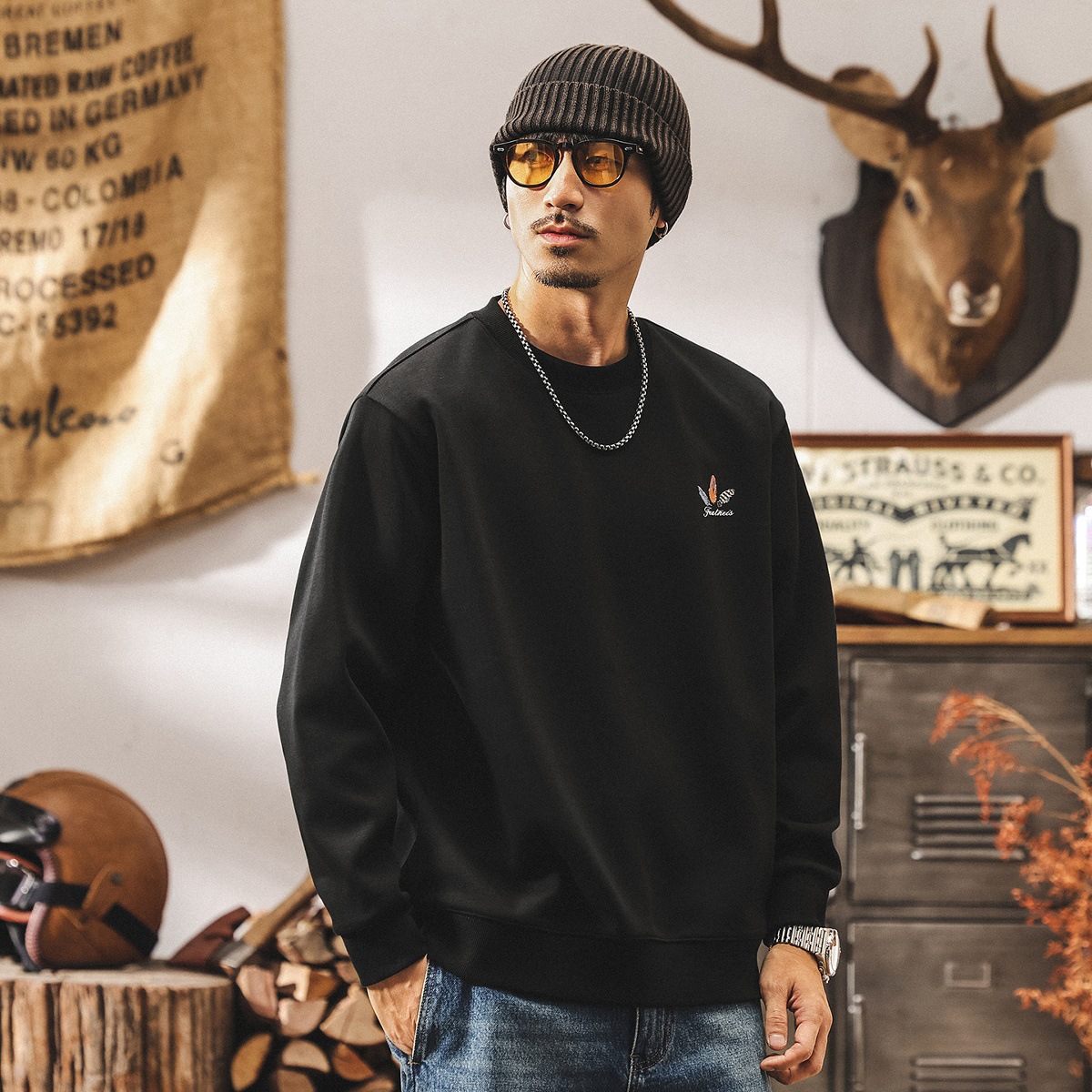 美式復古360g重磅男士秋季衛衣2025新款潮流印花寬鬆長袖圓領上衣