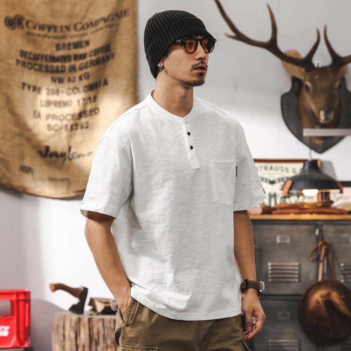 美式復古竹節棉短袖T恤男夏季2025新款T潮流亨利領阿美咔嘰POLO衫