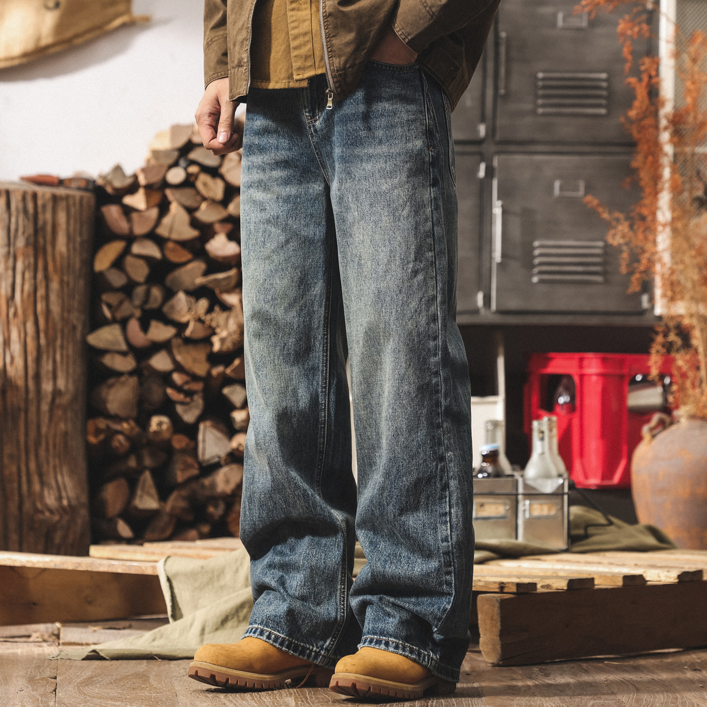 美式復古重磅長絨棉寬鬆微喇牛仔褲男2026春季潮牌水洗直筒休閒褲