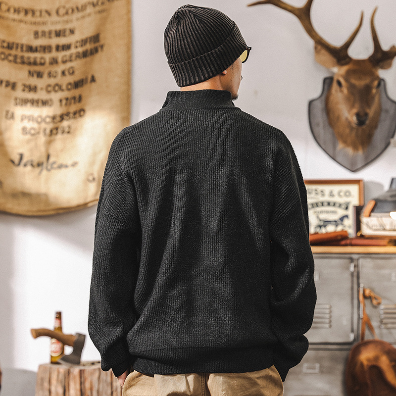 美式復古710g重磅毛衣男冬季加厚半高領拉鏈慵懶風針織毛衫外套男