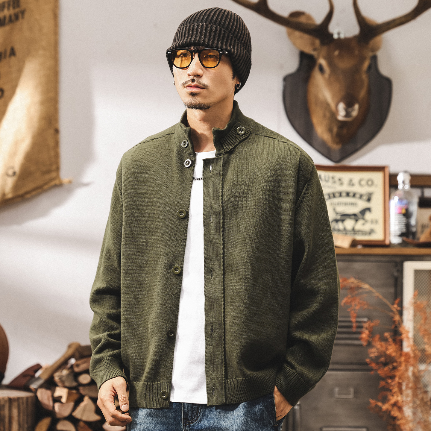 美式復古重磅開衫毛衣男春秋新款寬鬆慵懶半高領針織衫外套男秋冬