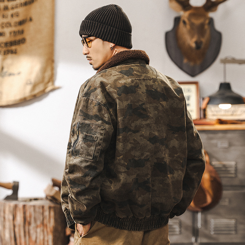 美式復古重磅羊羔絨外套男冬季加厚棉衣棉襖戶外迷彩工裝夾克棉服