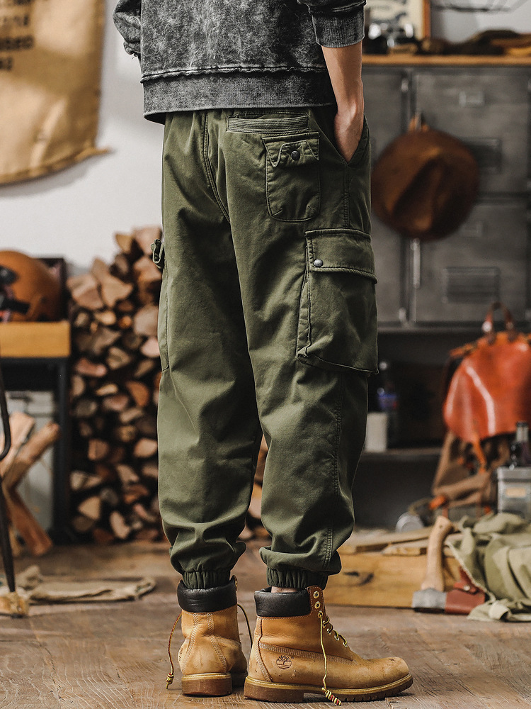 男士春季褲子潮牌2024新款軍綠色工裝褲男寬鬆直筒束腳男士休閒褲
