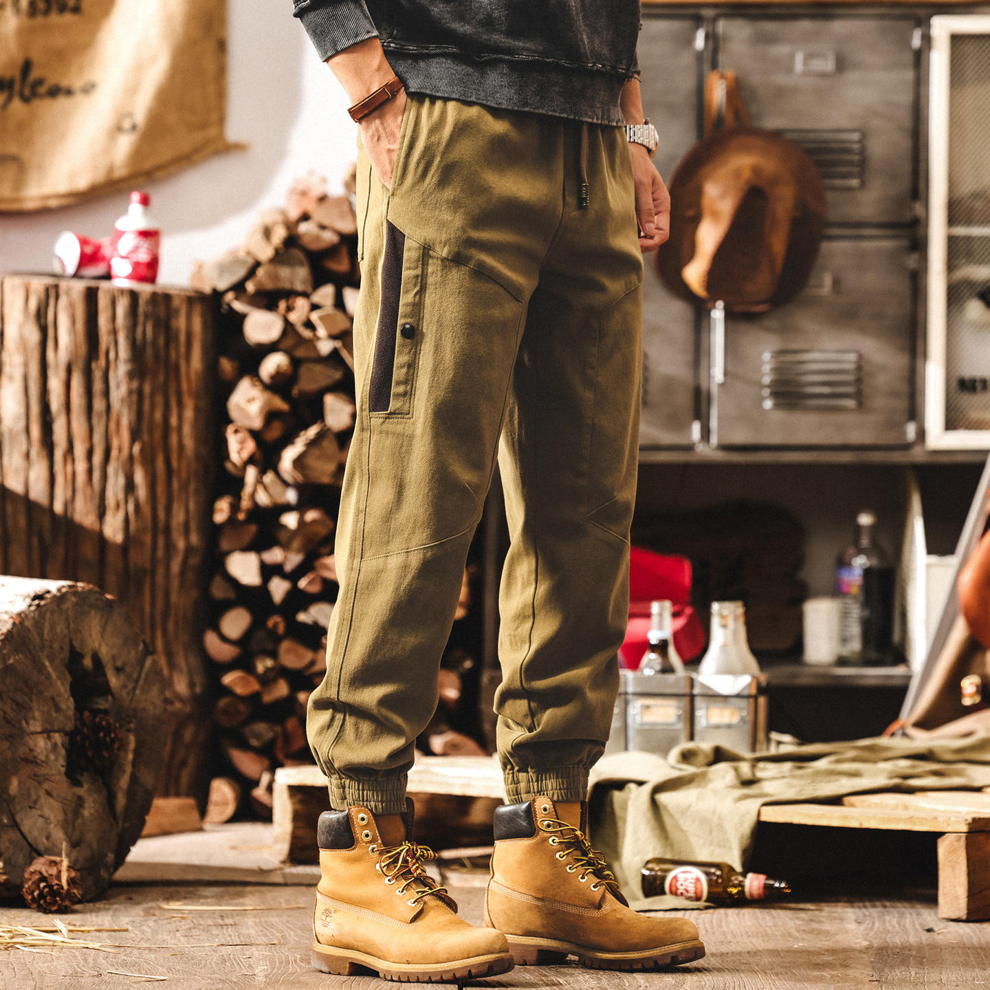 美式復古工裝褲子男秋季2025新款長褲男士拼接束腳卡其色休閒褲潮