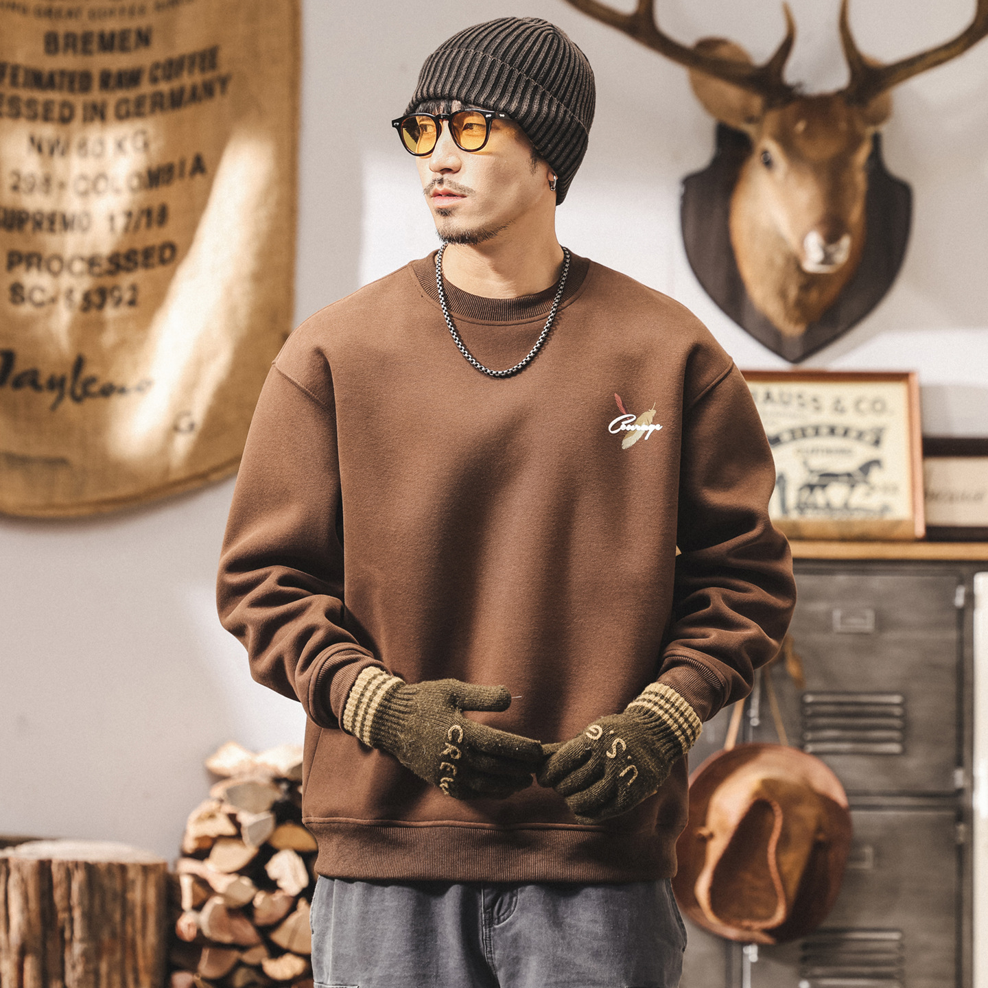 美式復古420g重磅衛衣男春秋新款圓領長袖寬鬆休閒潮流印花上衣男