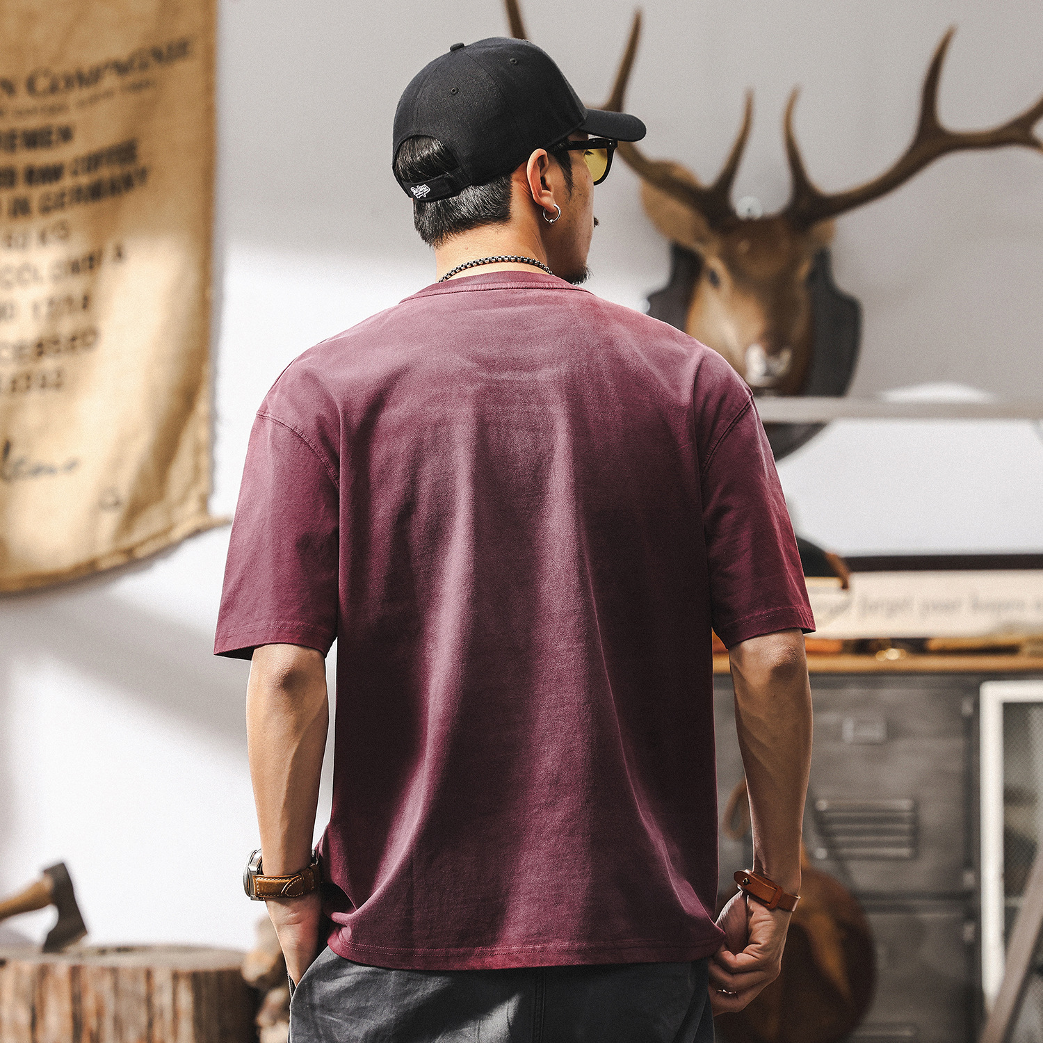 260g重磅酵素做舊短袖T恤男夏季2025新款潮牌龜裂印花上衣男