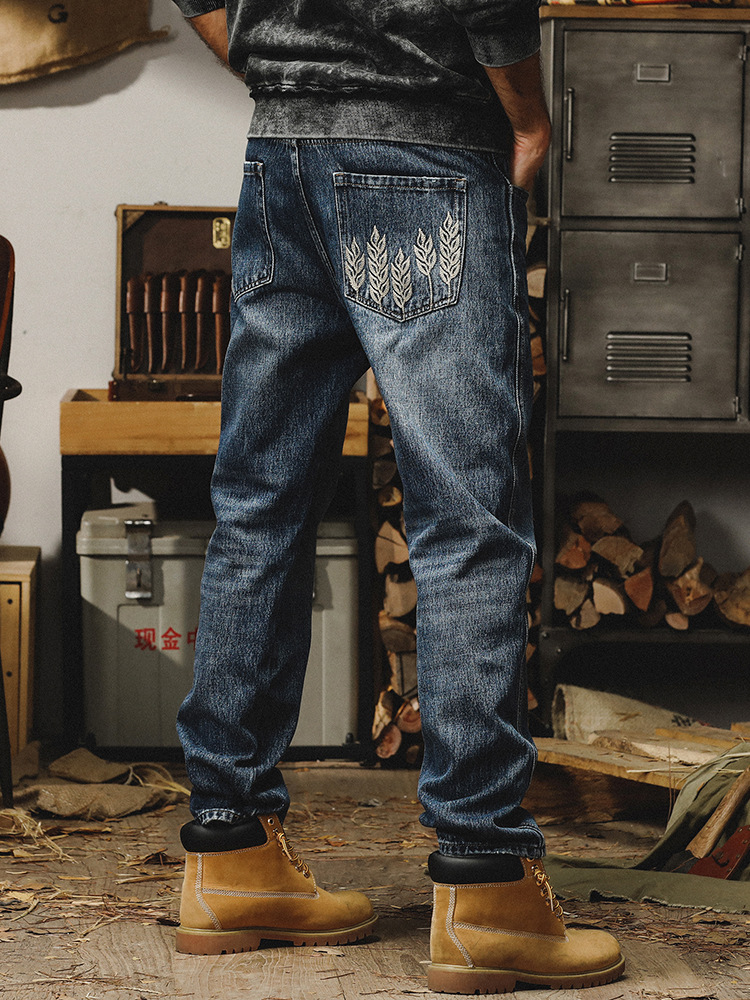 杰雷諾美式重磅石磨水洗牛仔褲男直筒寬鬆春秋季刺繡休閒長褲子男