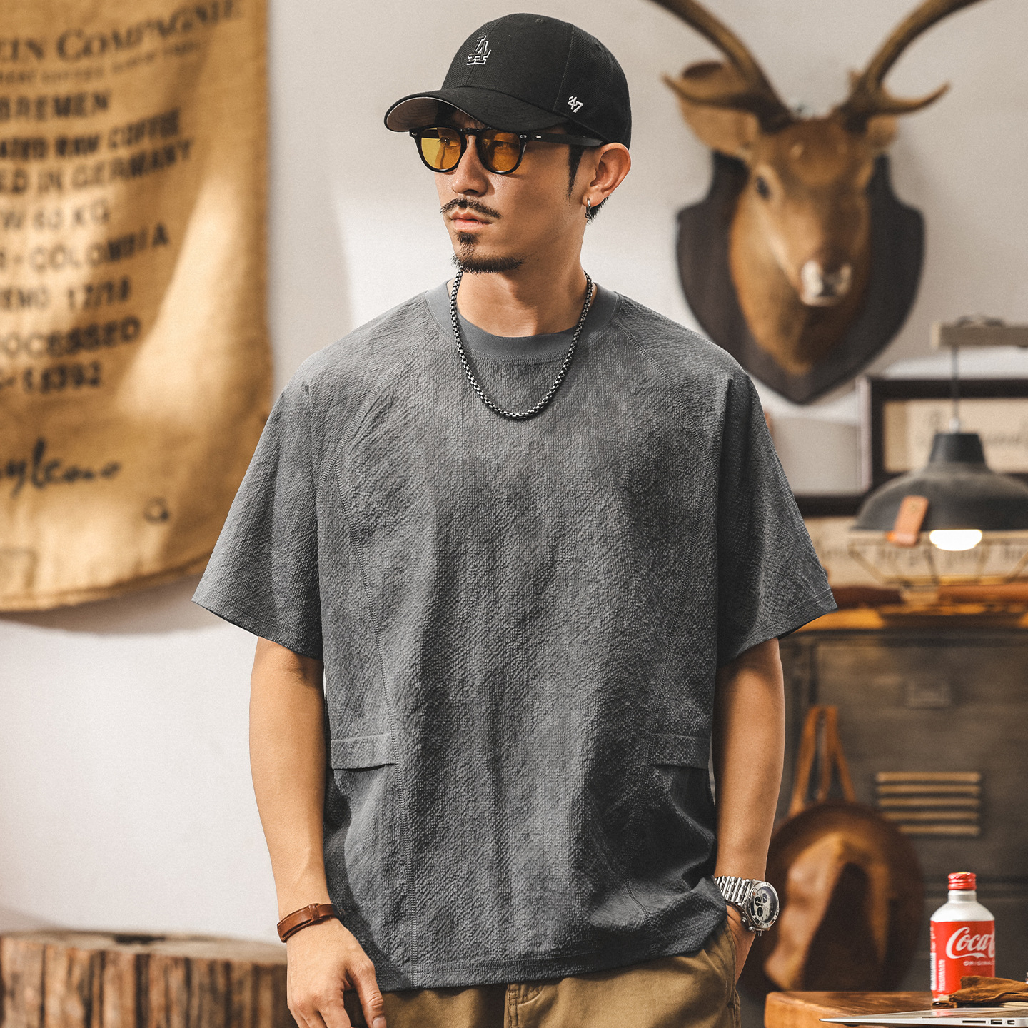 美式拼接短袖T恤男夏季新款潮牌日系復古寬鬆休閒薄款速幹上衣男