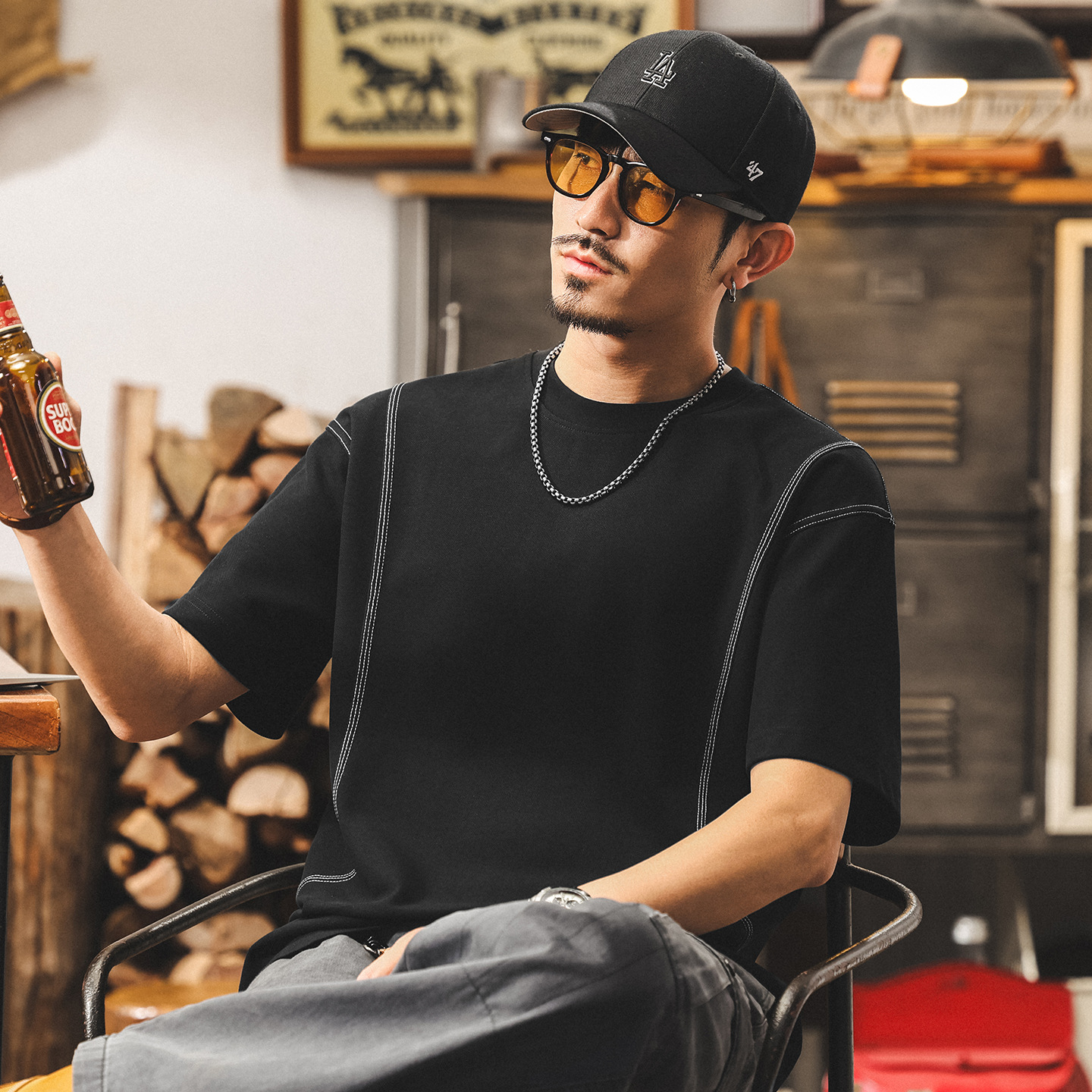 美式潮牌拼接T恤男短袖夏季新款潮牌2025寬鬆大碼休閒男士上衣潮T