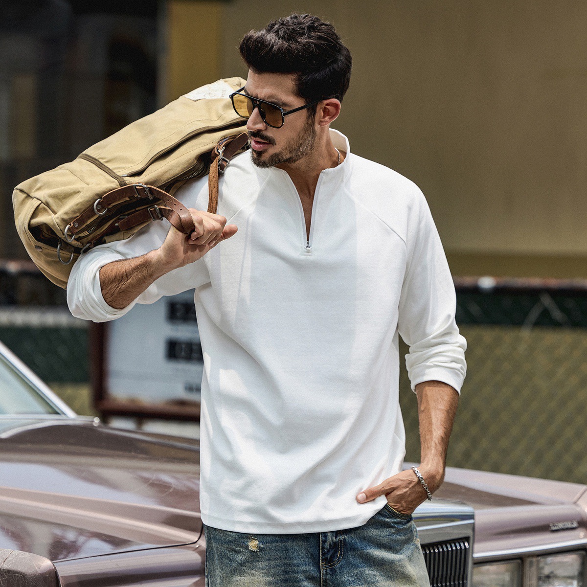 美式復古重磅T恤男春季新款拉鍊半高領衛衣男寬鬆打底衫長袖上衣