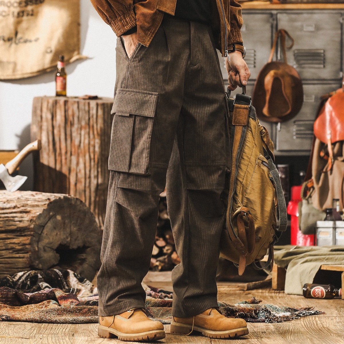 美式復古燈芯絨慵懶鬆弛感工裝褲子男秋季新款潮牌寬鬆男士休閒褲